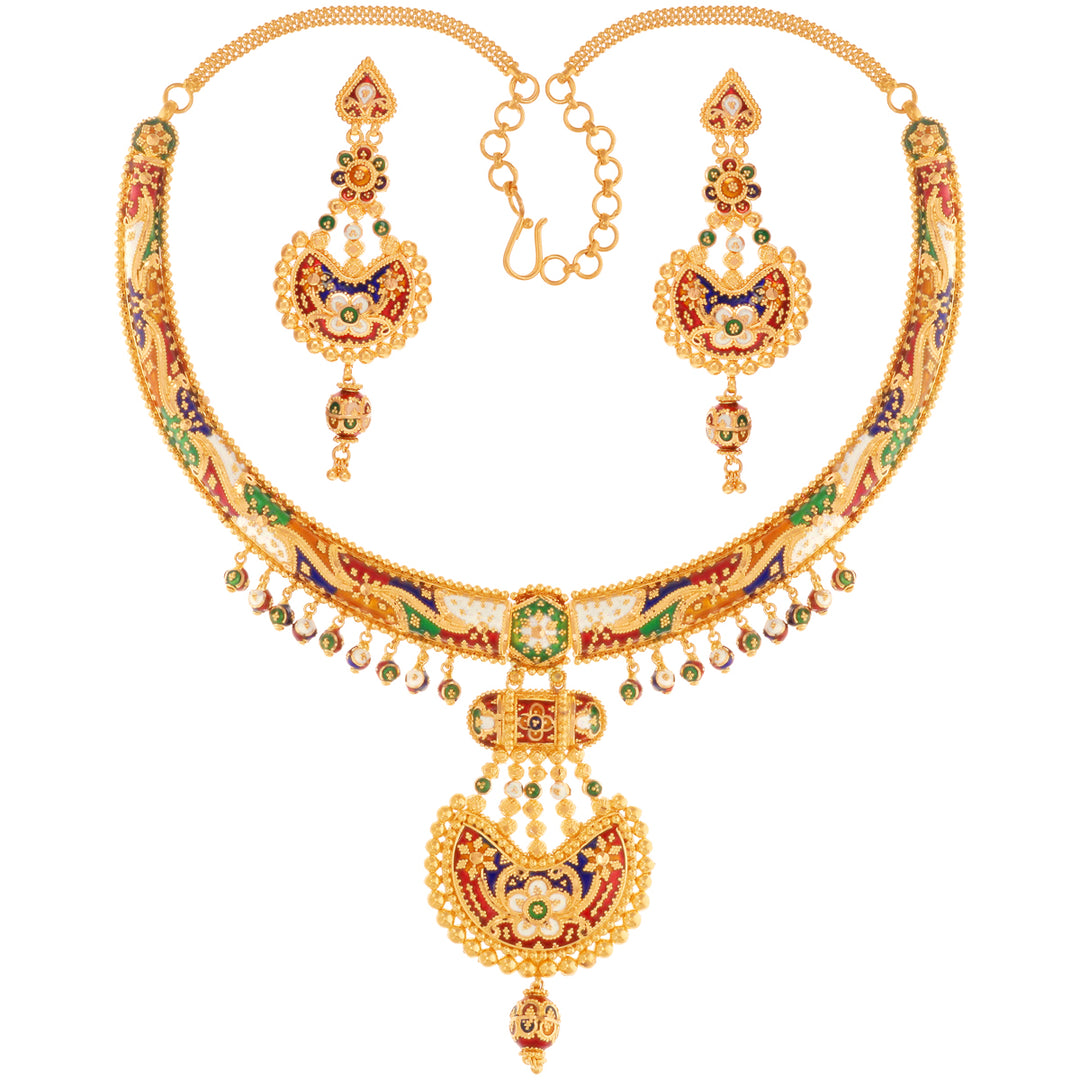 Hand-crafted Minakari Hansli Necklace Set in 22K Gold