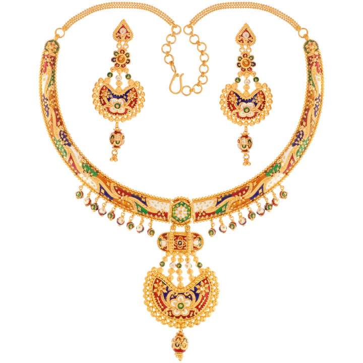Hand-crafted Minakari Hansli Necklace Set in 22K Gold