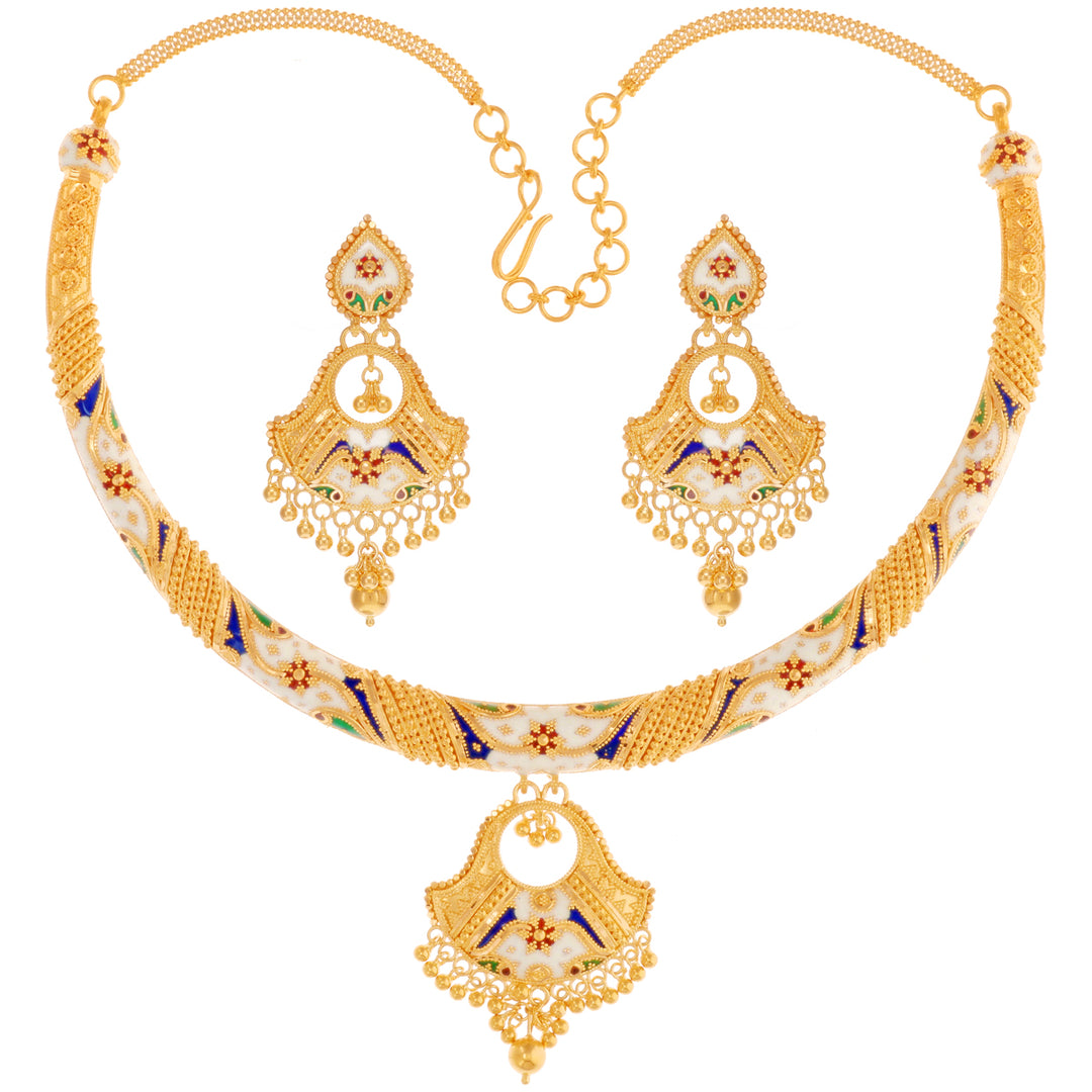 Beautiful Minakari Hansli Necklace Set in 22K Gold