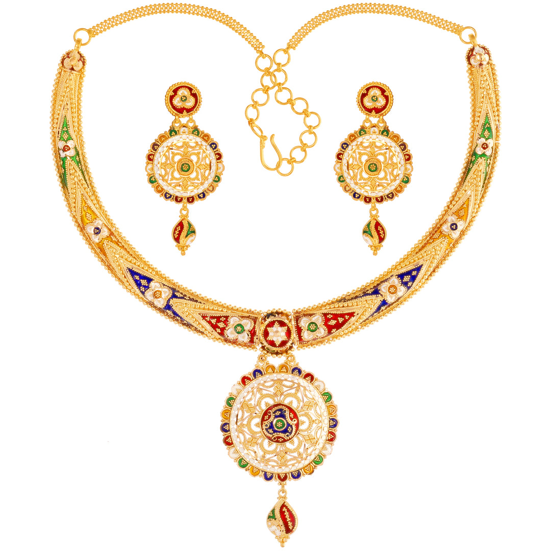 Artisan Minakari Hansli Necklace Set in 22K Gold