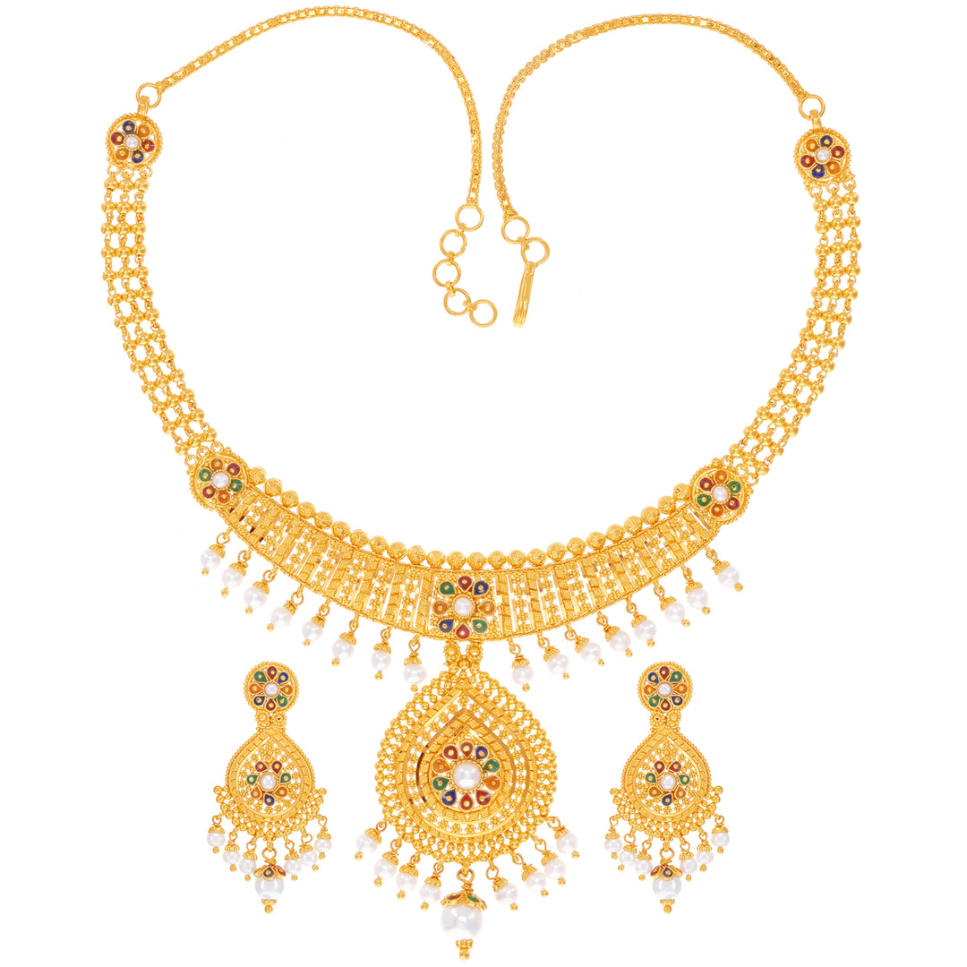 Ravishing Minakari Necklace Set With Pearl in 22K Gold