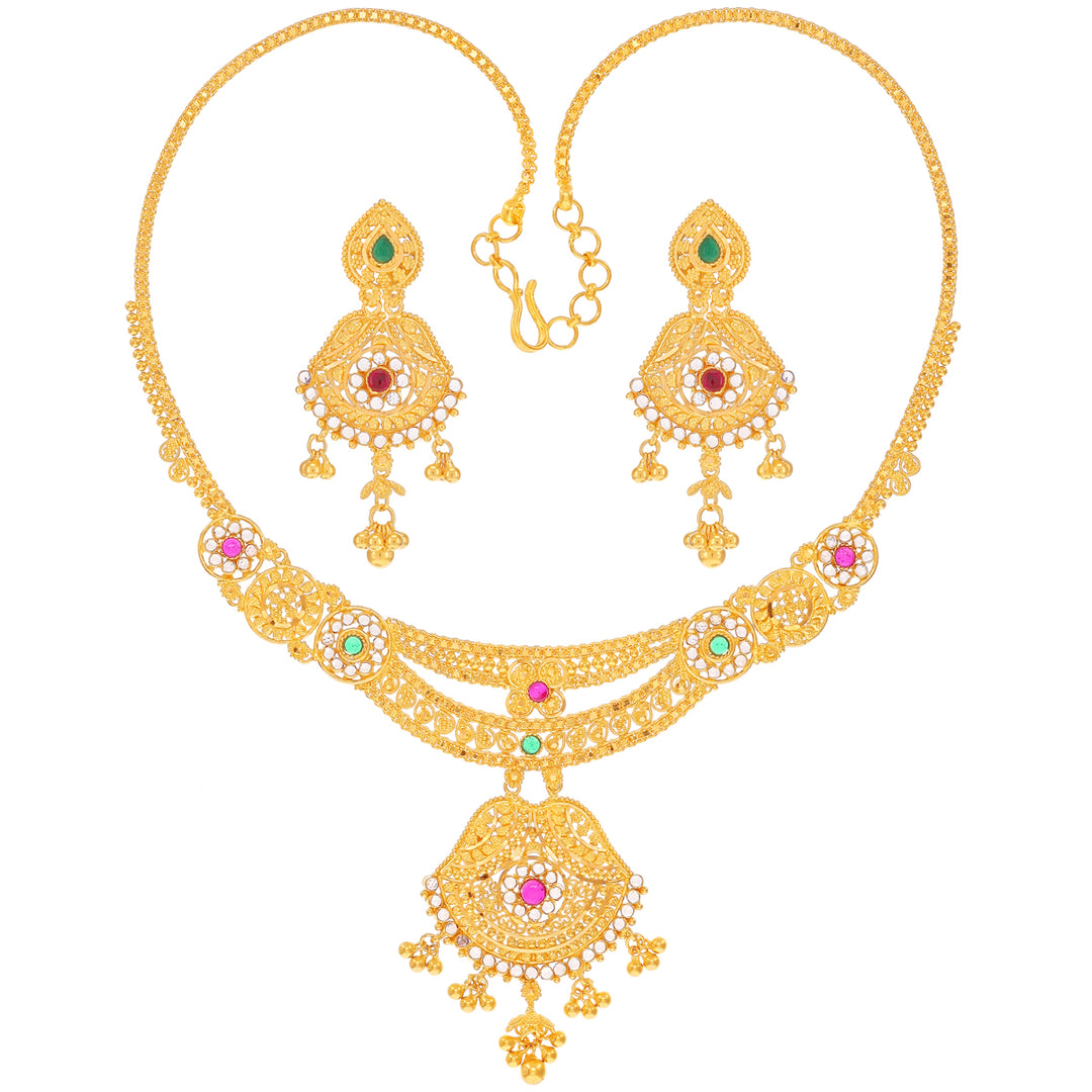 Artistic Necklace Set With Gemstones in 22K Gold