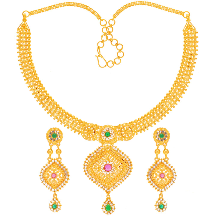 Charming Necklace Set With Ruby Emerald & Polki in 22K Gold