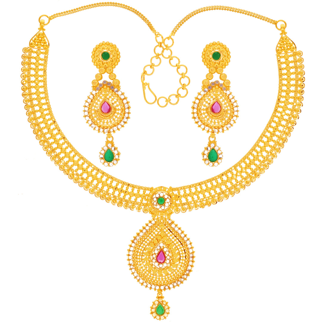 Fascinating Necklace Set With Ruby Emerald & Polki in 22K Gold