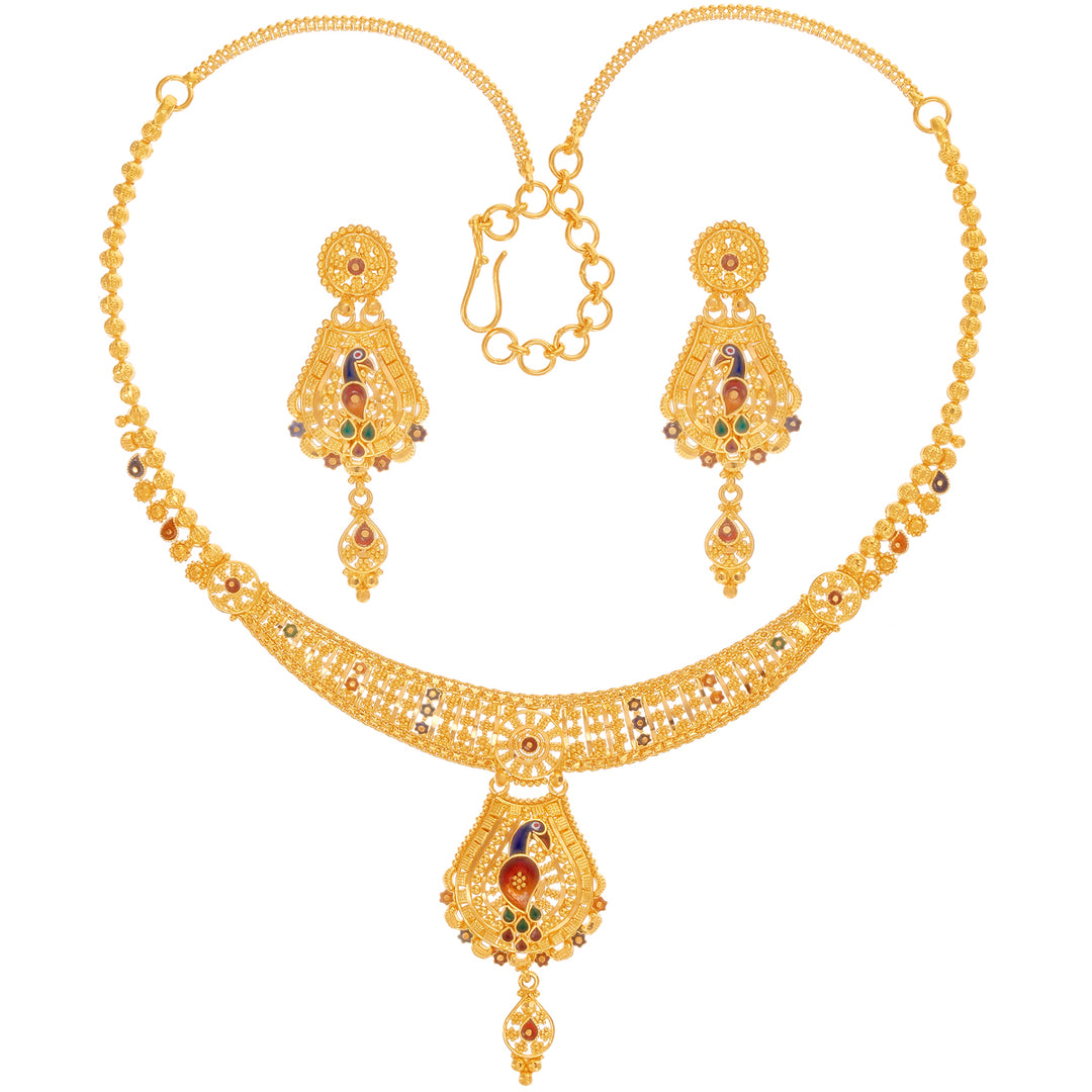 Ornate Minakari Peacock Necklace Set in 22K Gold