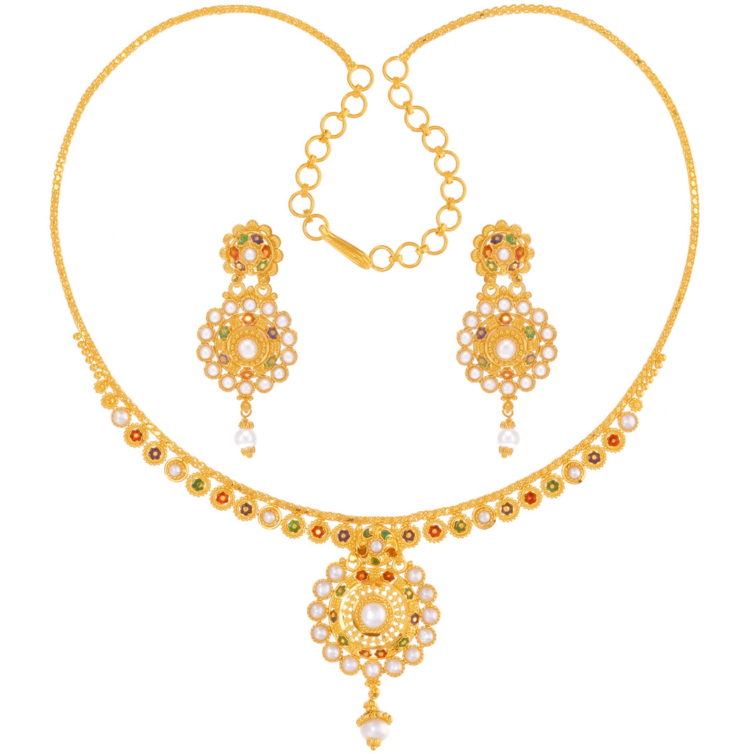 Captivating Minakari Necklace Set With Pearl in 22K Gold