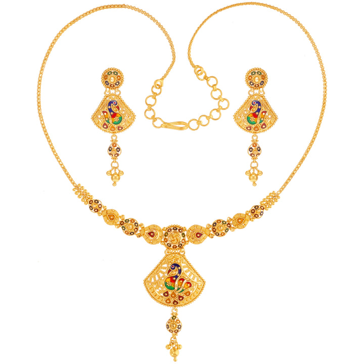 Captivating Minakari Peacock Necklace Set in 22K Gold
