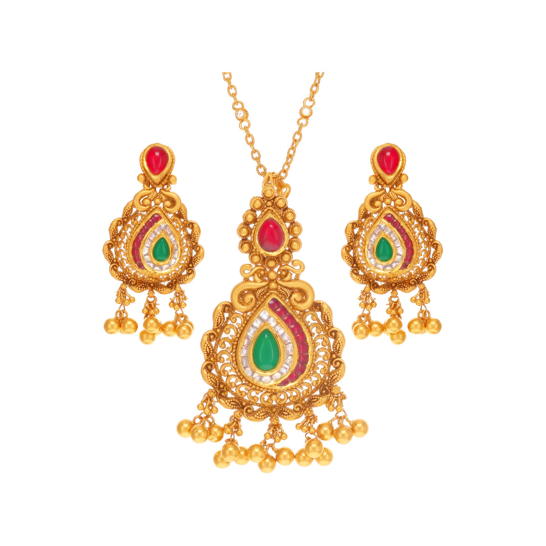 Hand-crafted Antique Necklace Set With Kundan Emerald & Ruby in 22K Gold