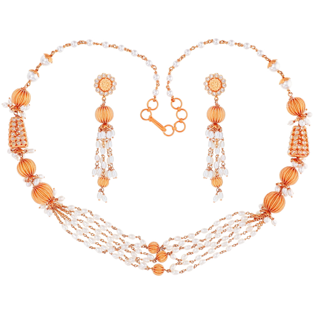 Antique Necklace Set With White Polki & Pearl in 22K Rose Gold