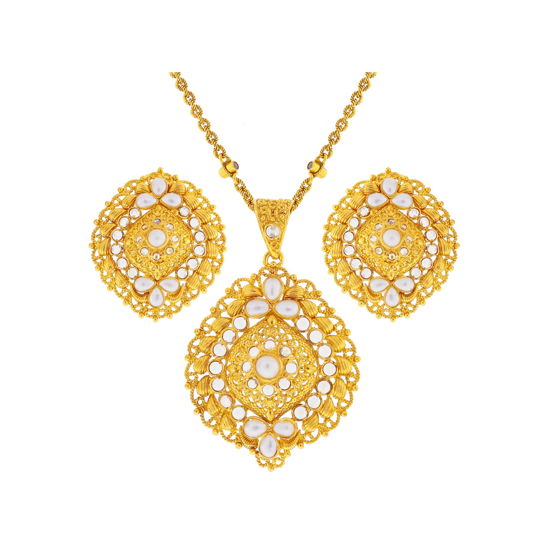 Graceful Antique Pendant Set with CZ & Pearl in 22K Gold