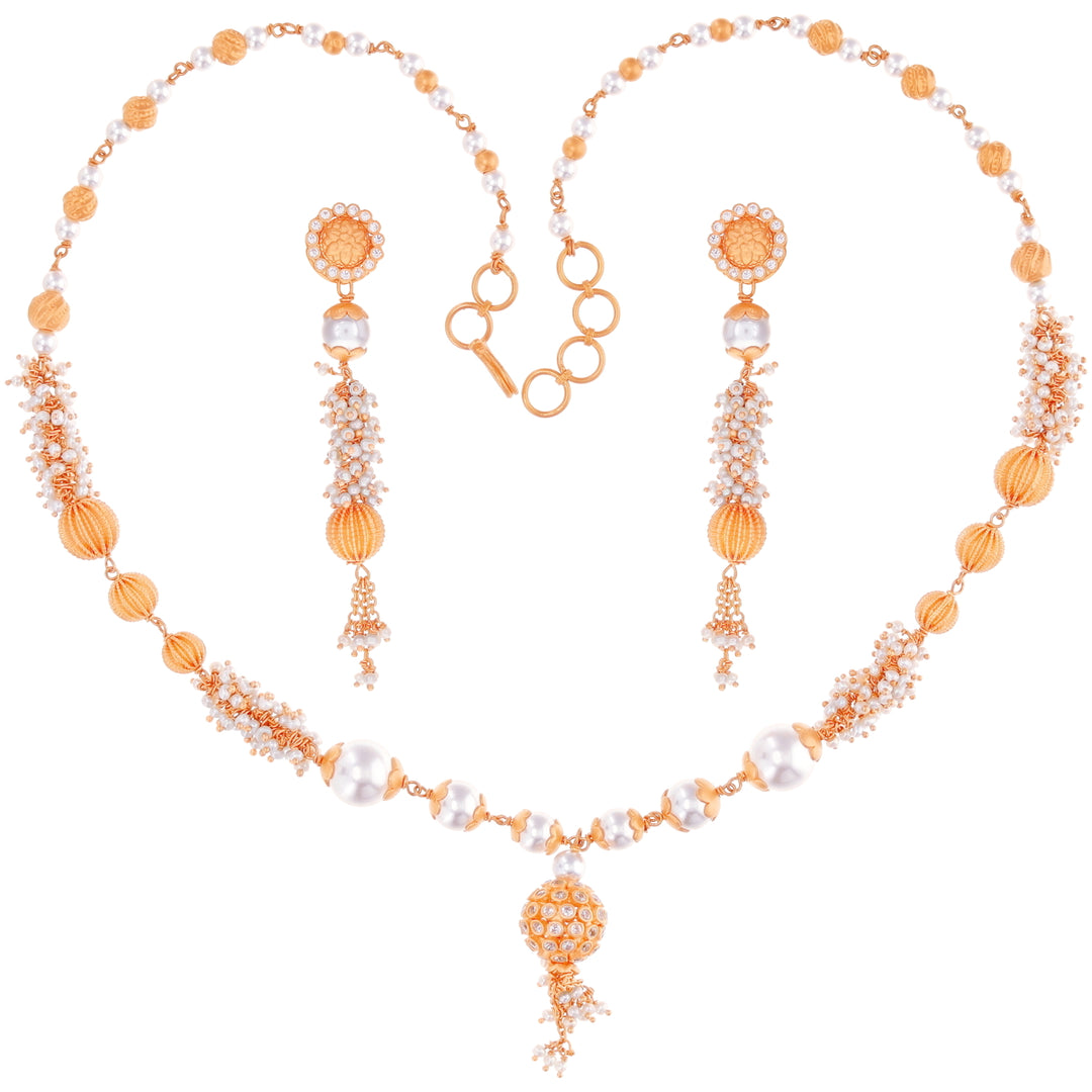 Ornate Antique Necklace Set with White Polki & Pearl in 22K Rose Gold