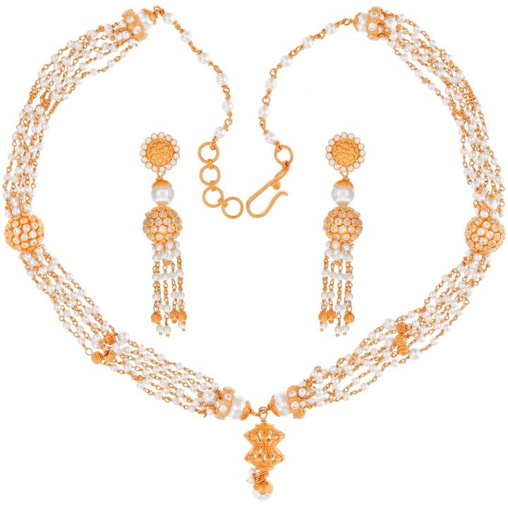Beautiful Antique Necklace Set with White Polki & Pearl in 22K Rose Gold