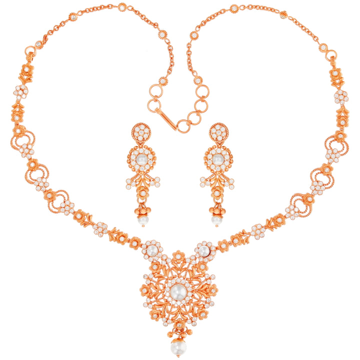 Distinctive Antique Necklace Set with White Polki & Pearl in 22K Rose Gold