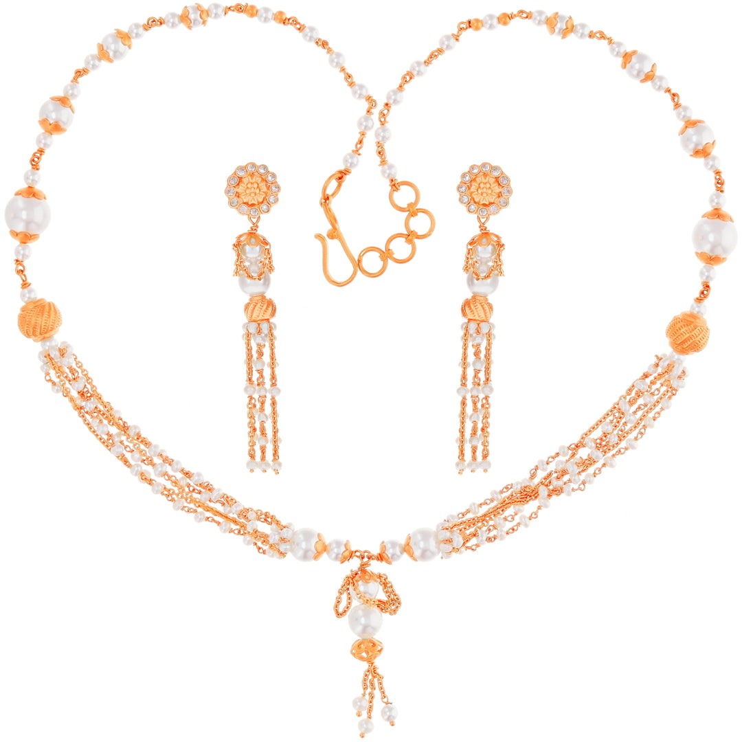 Exquisite Antique Necklace Set with White Polki & Pearl in 22K Rose Gold