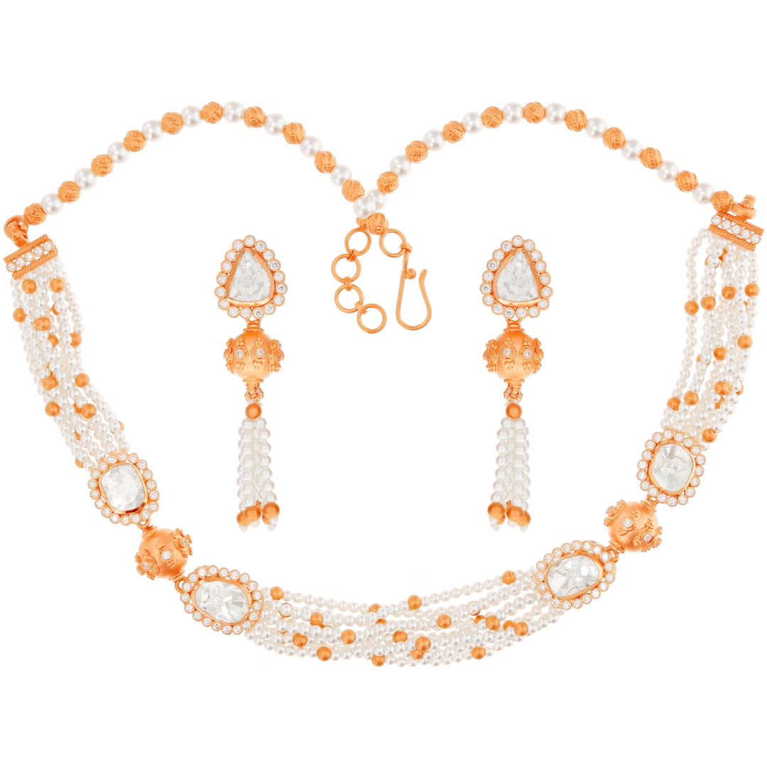 Detailed Antique Necklace Set with White Polki & Pearl in 22K Rose Gold