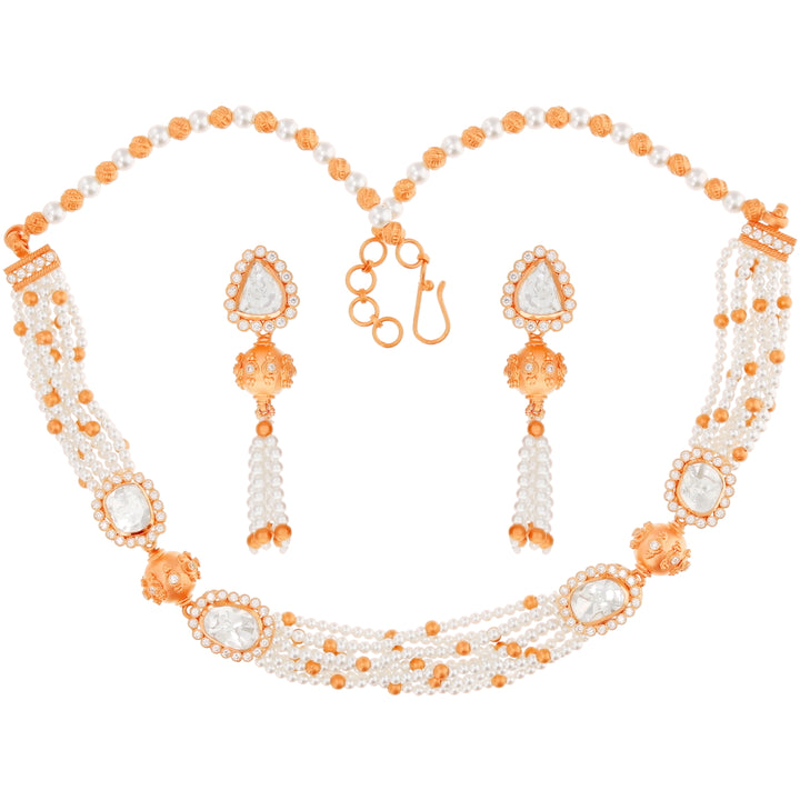 Detailed Antique Necklace Set with White Polki & Pearl in 22K Rose Gold
