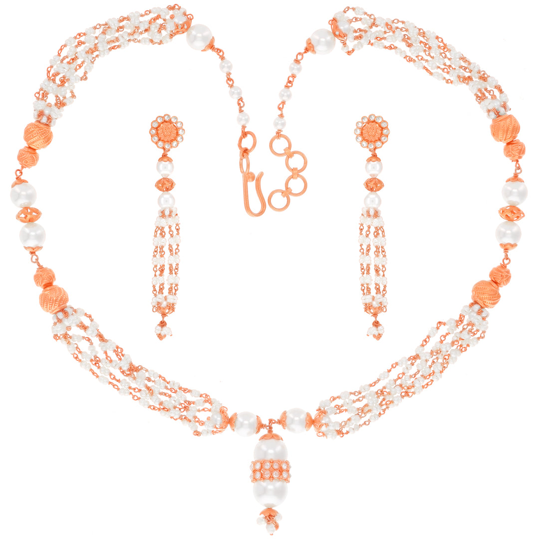 Gorgeous Necklace Set With White Polki & Pearl in 22K Rose Gold
