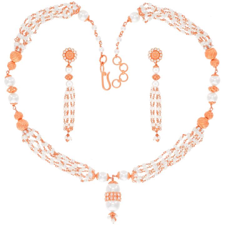 Gorgeous Necklace Set With White Polki & Pearl in 22K Rose Gold