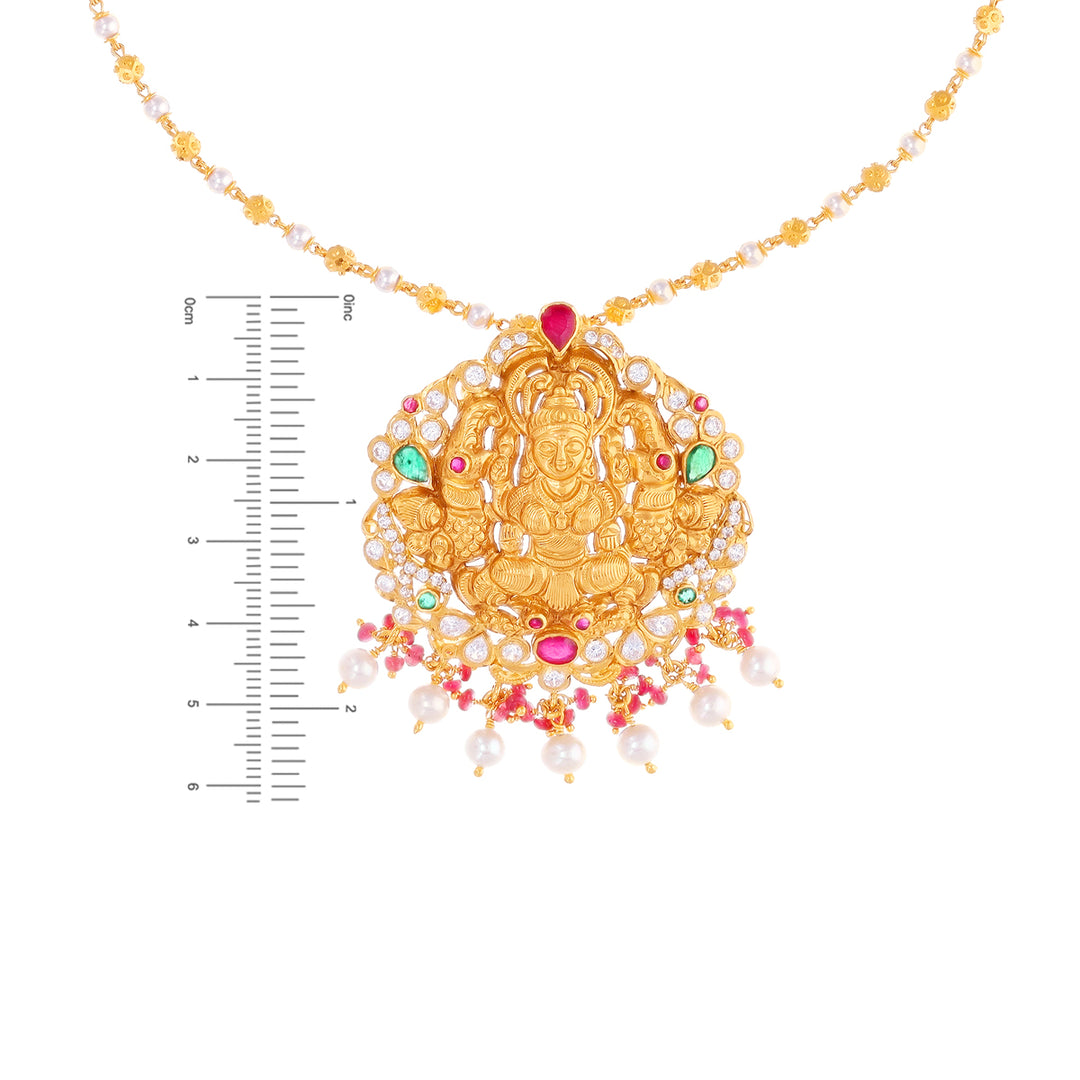 Ornate Laxmi Antique Pendant With Gemstones in 22K Gold