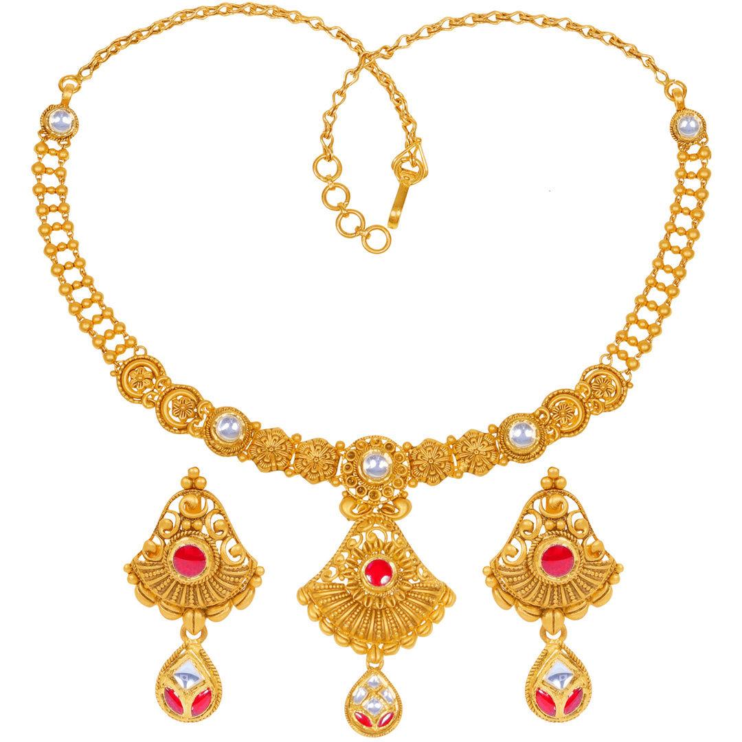 Graceful Antique Necklace Set With Kundan & Gemstones in 22K Gold