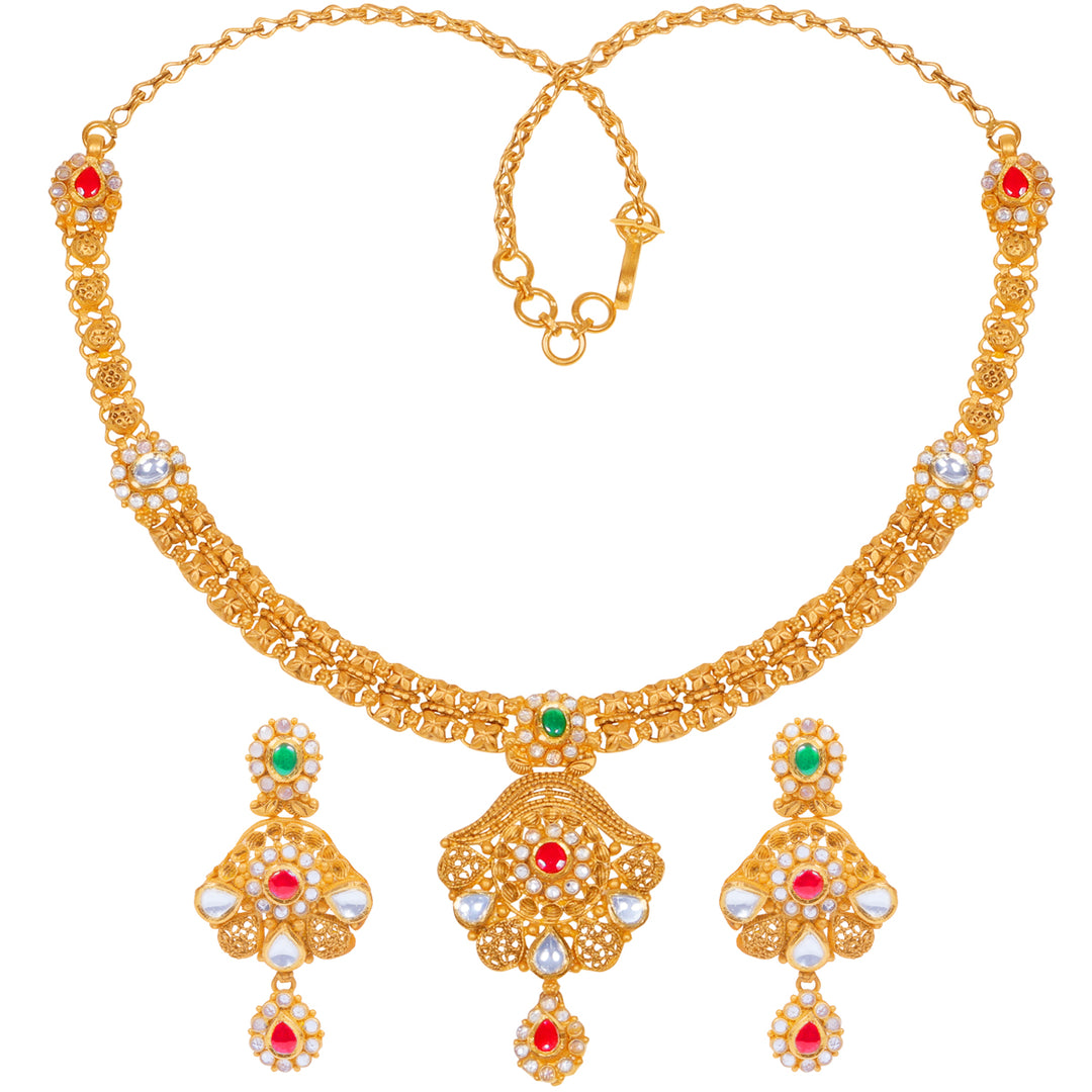 Ornamental Antique Necklace Set With Kundan & Gemstones in 22K Gold