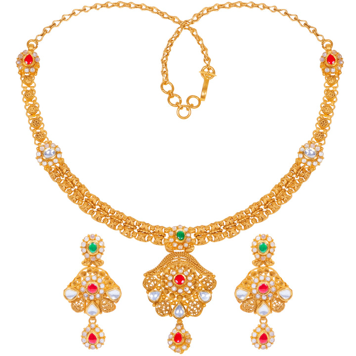 Ornamental Antique Necklace Set With Kundan & Gemstones in 22K Gold