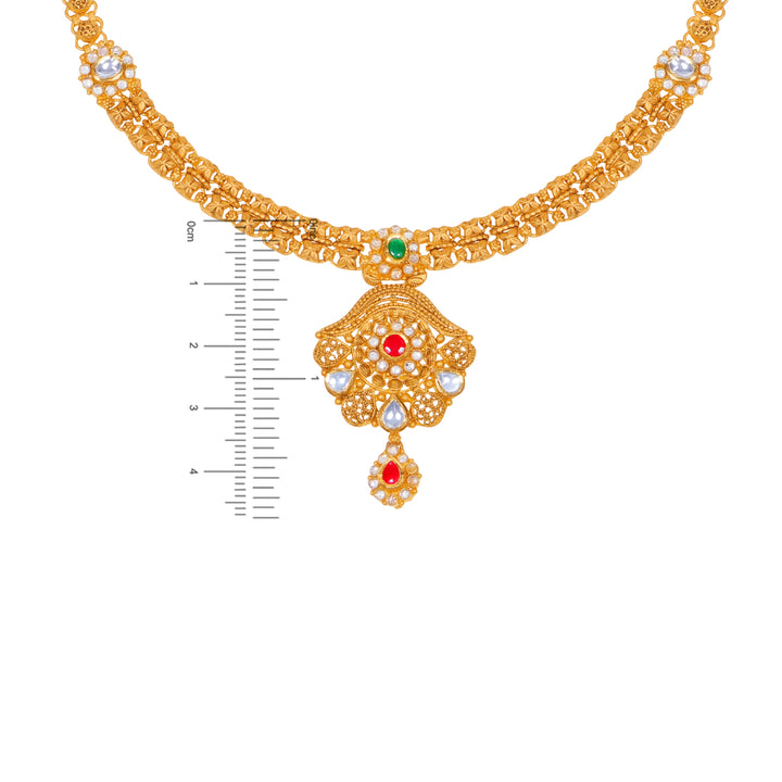 Ornamental Antique Necklace Set With Kundan & Gemstones in 22K Gold