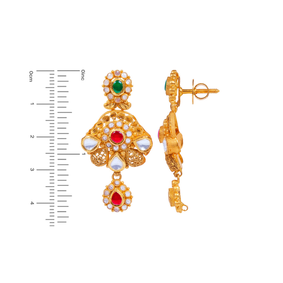 Ornamental Antique Necklace Set With Kundan & Gemstones in 22K Gold