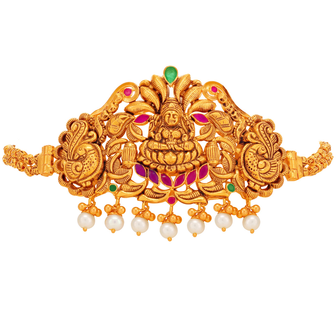 Antique Laxmi Choker Set With Ruby Emerald & Pearl in 22K Gold