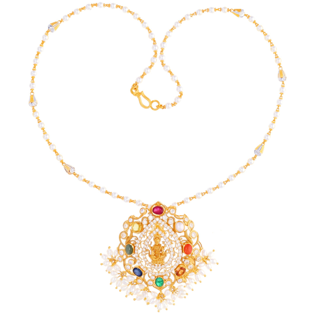 Subtle Laxmi Antique Pendant With Navratan in 22K Gold