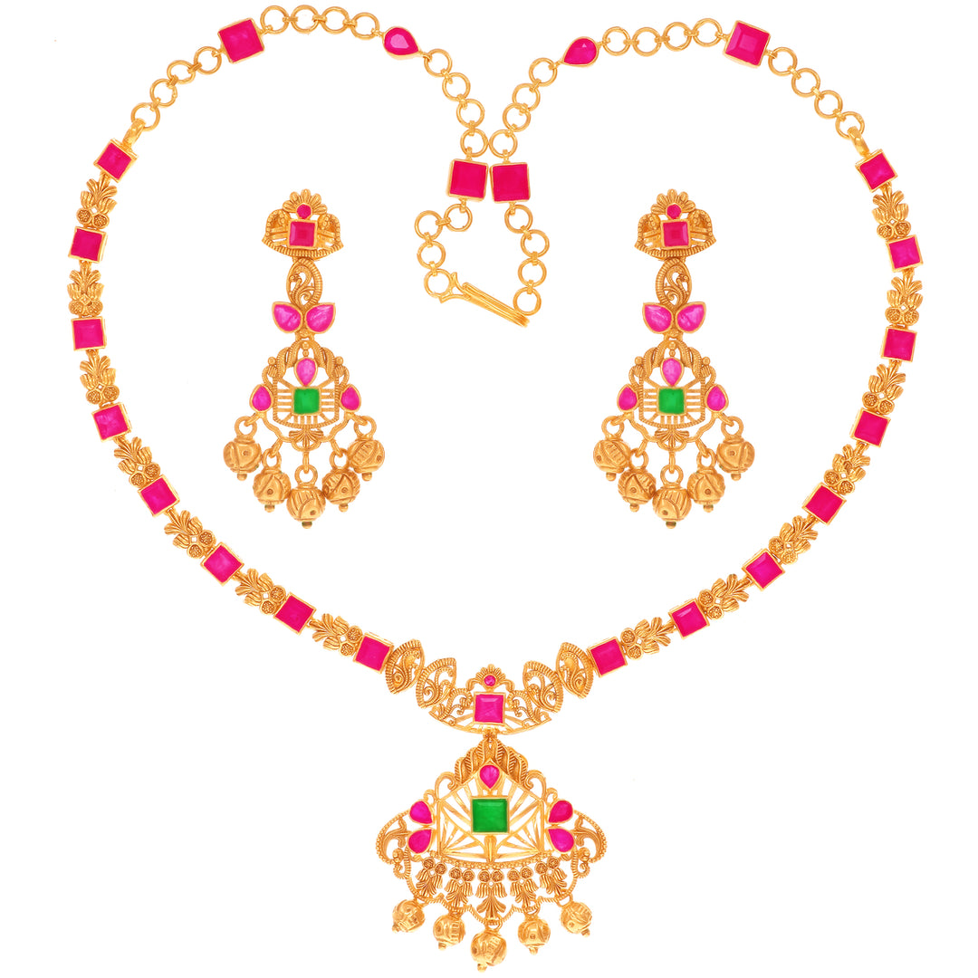 Delightful Antique Necklace Set With Ruby & Emerald in 22K Gold