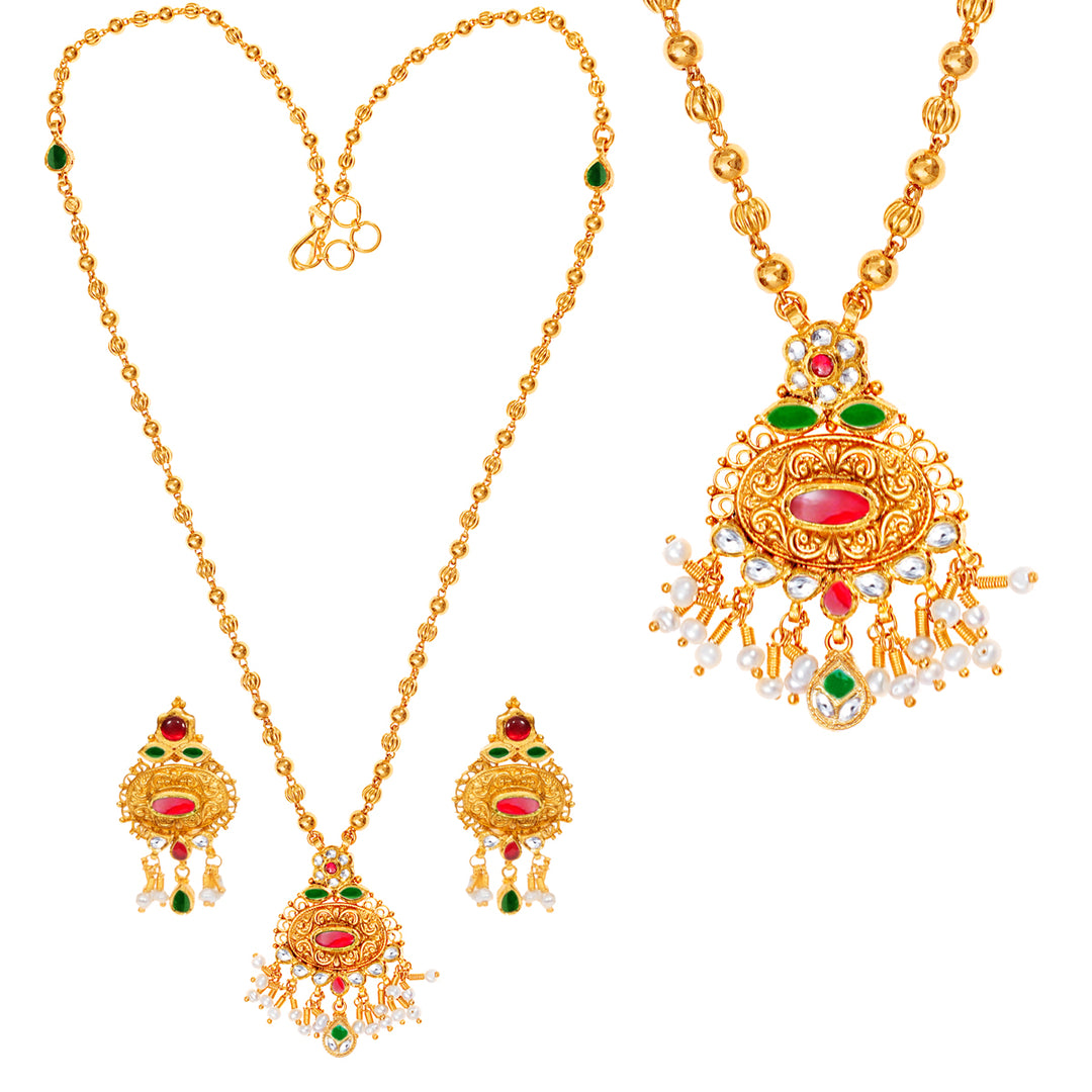 Graceful Antique Necklace Set With Kundan & Gemstones in 22K Gold