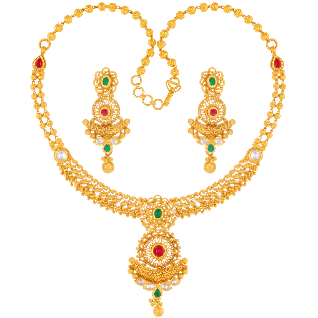 Classic Antique Necklace Set With Kundan & Gemstones in 22K Gold