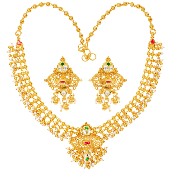 Elegant Antique Necklace Set With Kundan & Gemstones in 22K Gold