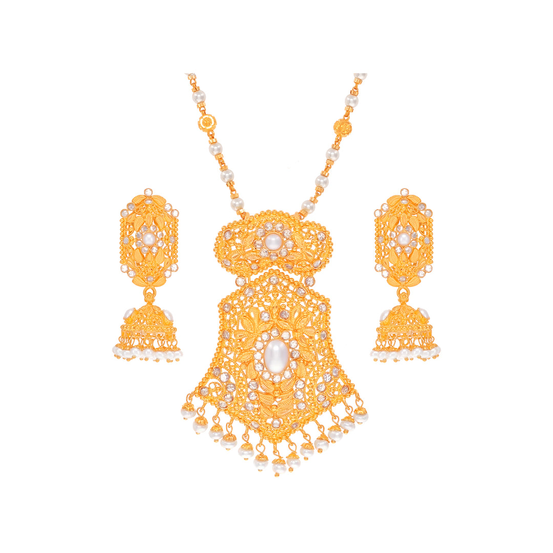 Enchanting Antique Pendant Set With Pearl & CZ In 22K Gold