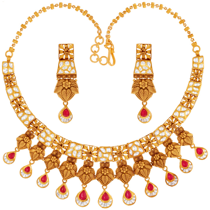 Elegant Antique Necklace Set With Kundan & Gemstones in 22K Gold