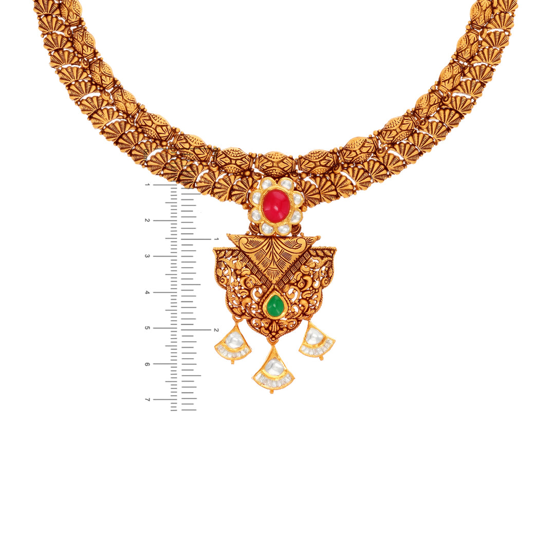 Detailed Antique Necklace Set With Kundan & Gemstones in 22K Gold