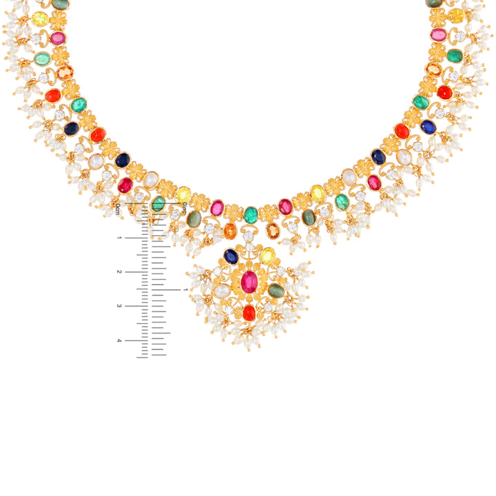 Sophisticated Antique Necklace Set With Navratan 22KG Gold