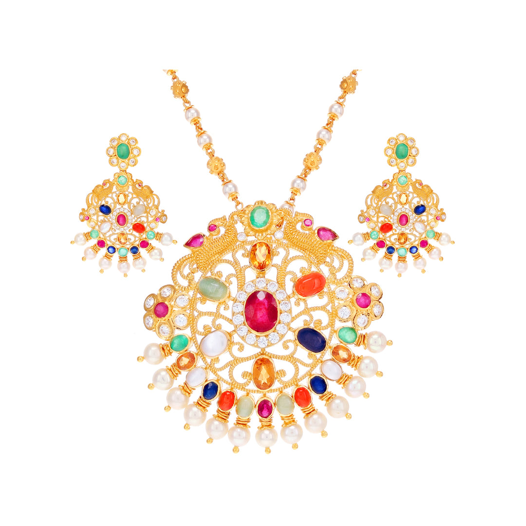 Graceful Antique Peacock Pendant Set With Navratan 22KG Gold