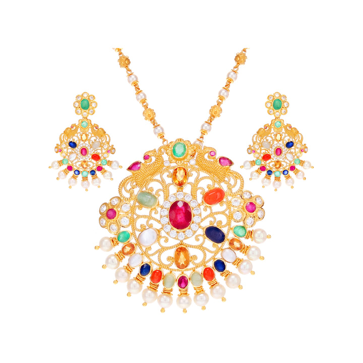 Graceful Antique Peacock Pendant Set With Navratan 22KG Gold