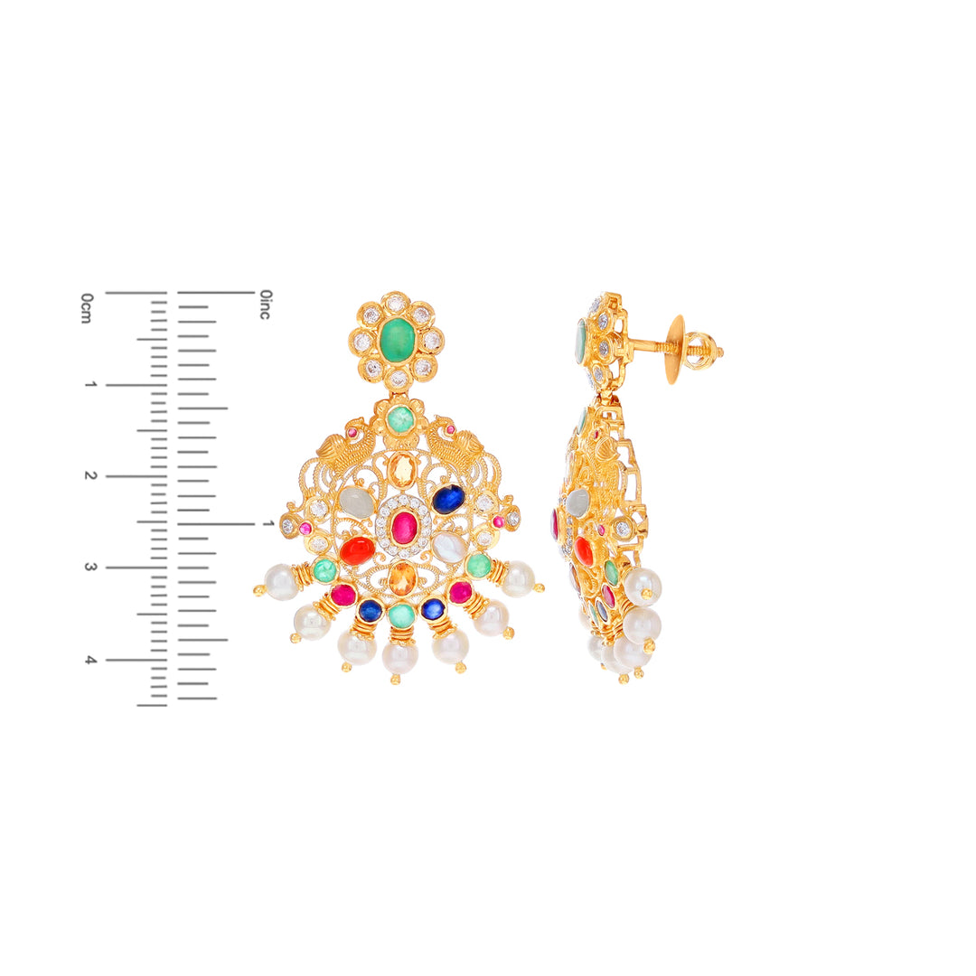 Graceful Antique Peacock Pendant Set With Navratan 22KG Gold