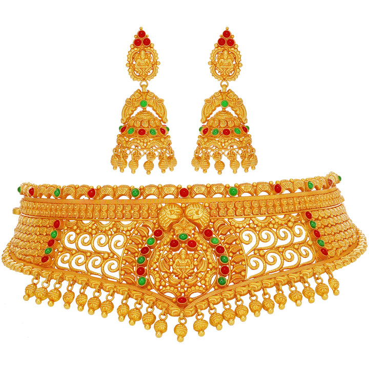 Elegant Antique Laxmi Choker Set with Gemstones in 22K Gold