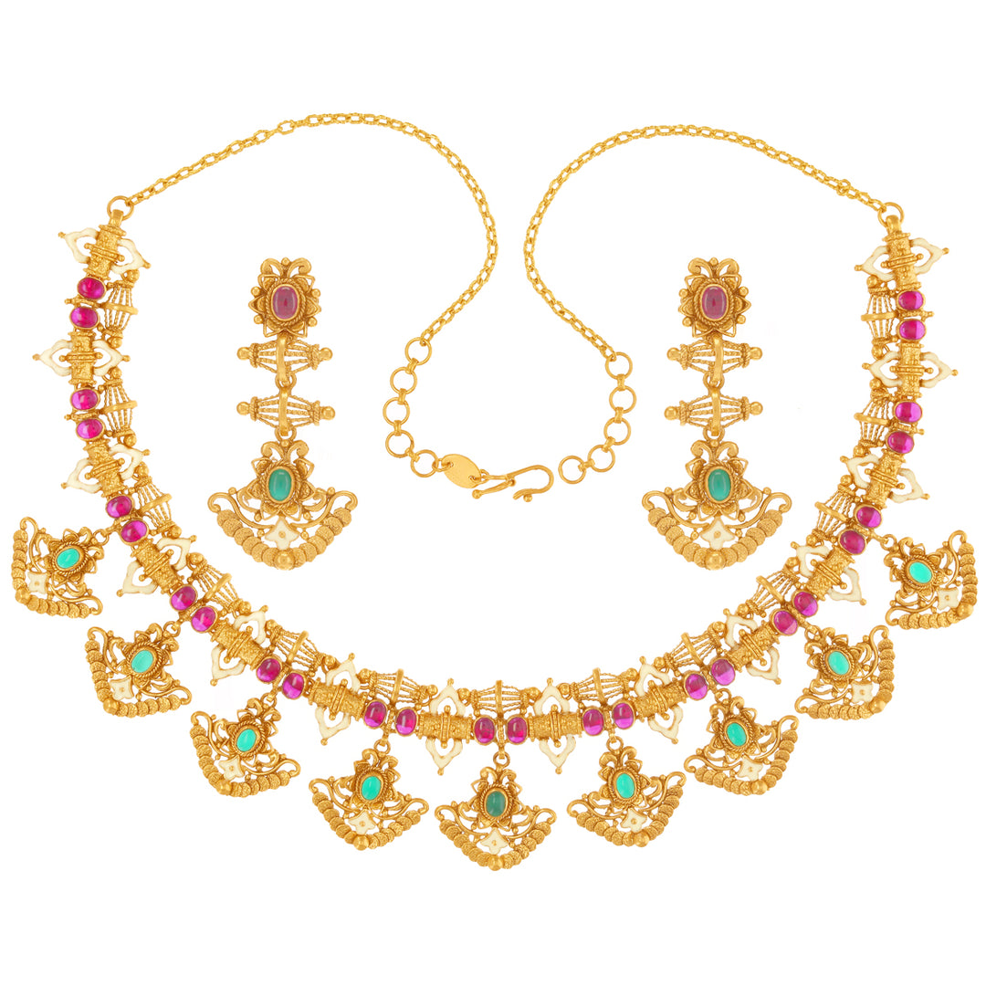 Artistic Antique Necklace Set With Gemstones in 22K Gold