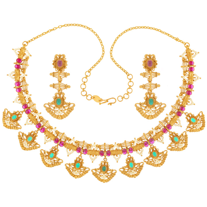 Artistic Antique Necklace Set With Gemstones in 22K Gold