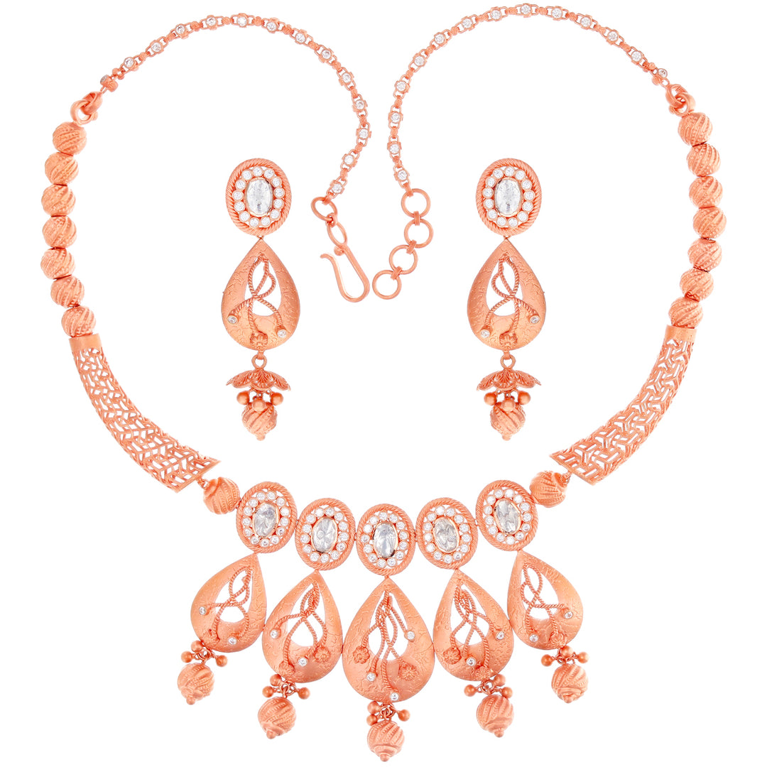 Ornamental Antique Necklace Set with White Polki in 22K Rose Gold