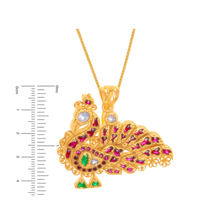 Peacock Antique Pendant Set With Kundan & Gemstones in 22K Gold