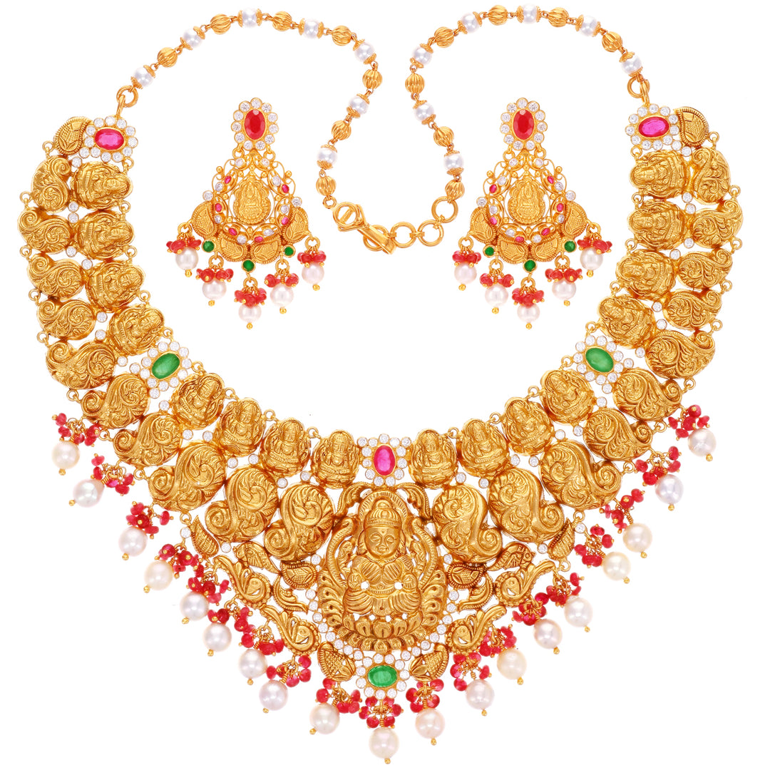 Antique Laxmi Necklace Set With Gemstones in 22K Gold