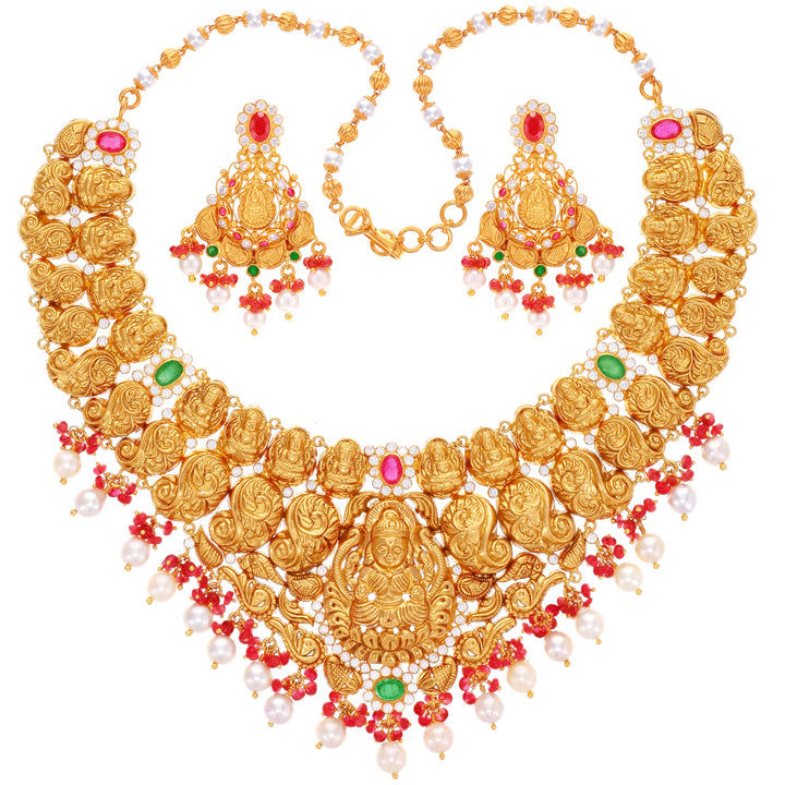 Antique Laxmi Necklace Set With Gemstones in 22K Gold