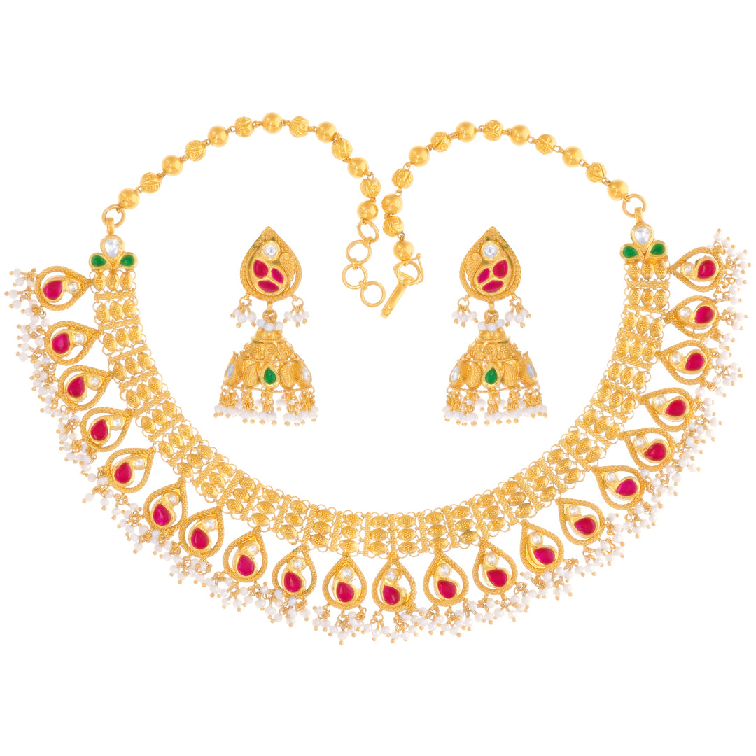 Ravishing Antique Necklace Set With Kundan Gemstones in 22K Gold