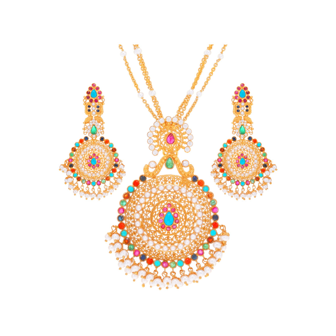 Gorgeous Antique Pendant Set With Navratan & Gemstones in 22K Gold